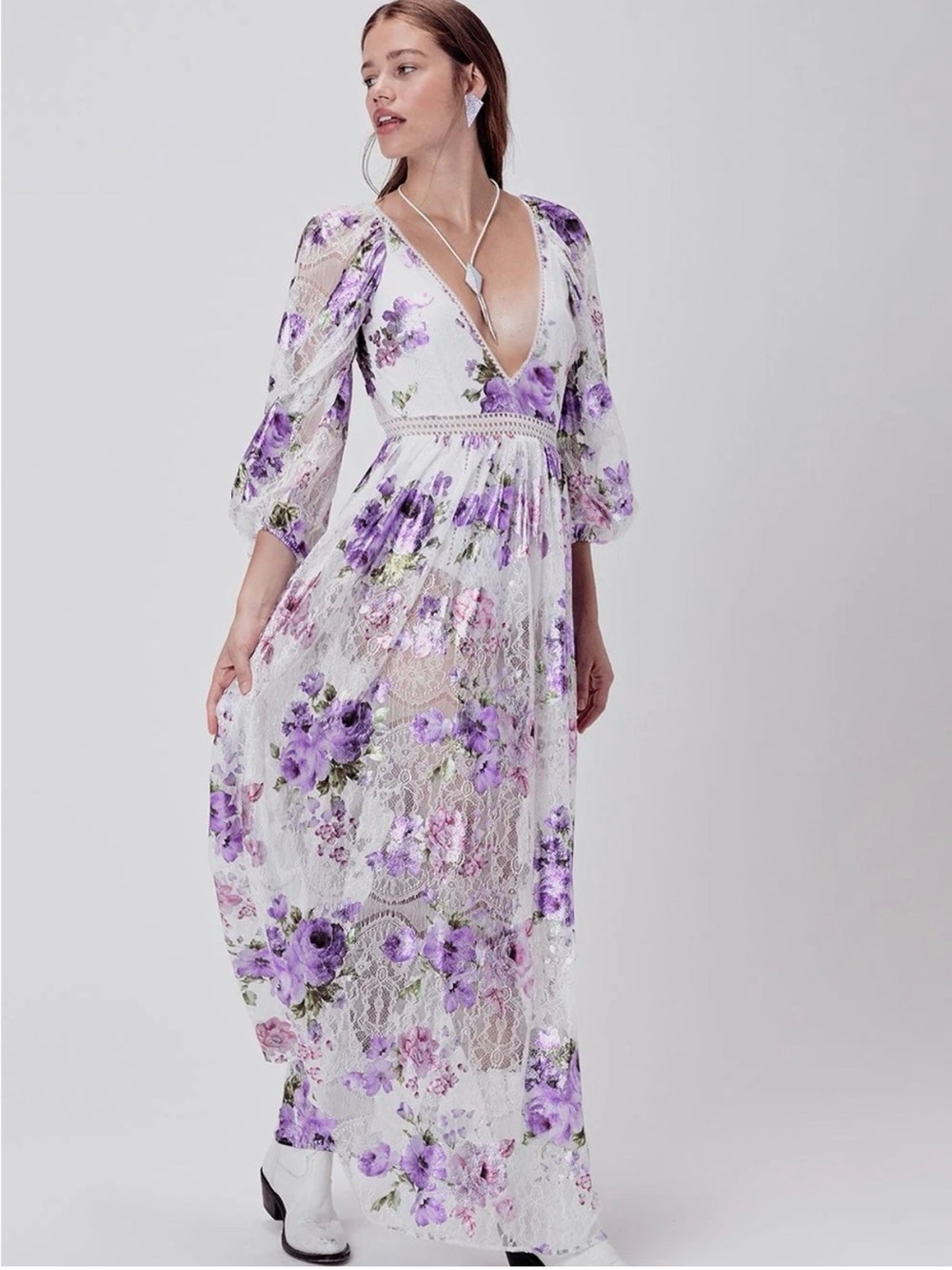 For love and lemons wildflower foil gown maxi lavender dress L